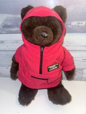 L.L. Bean Brown Plush Bear in Red Hooded Jacket with Backpack Vintage